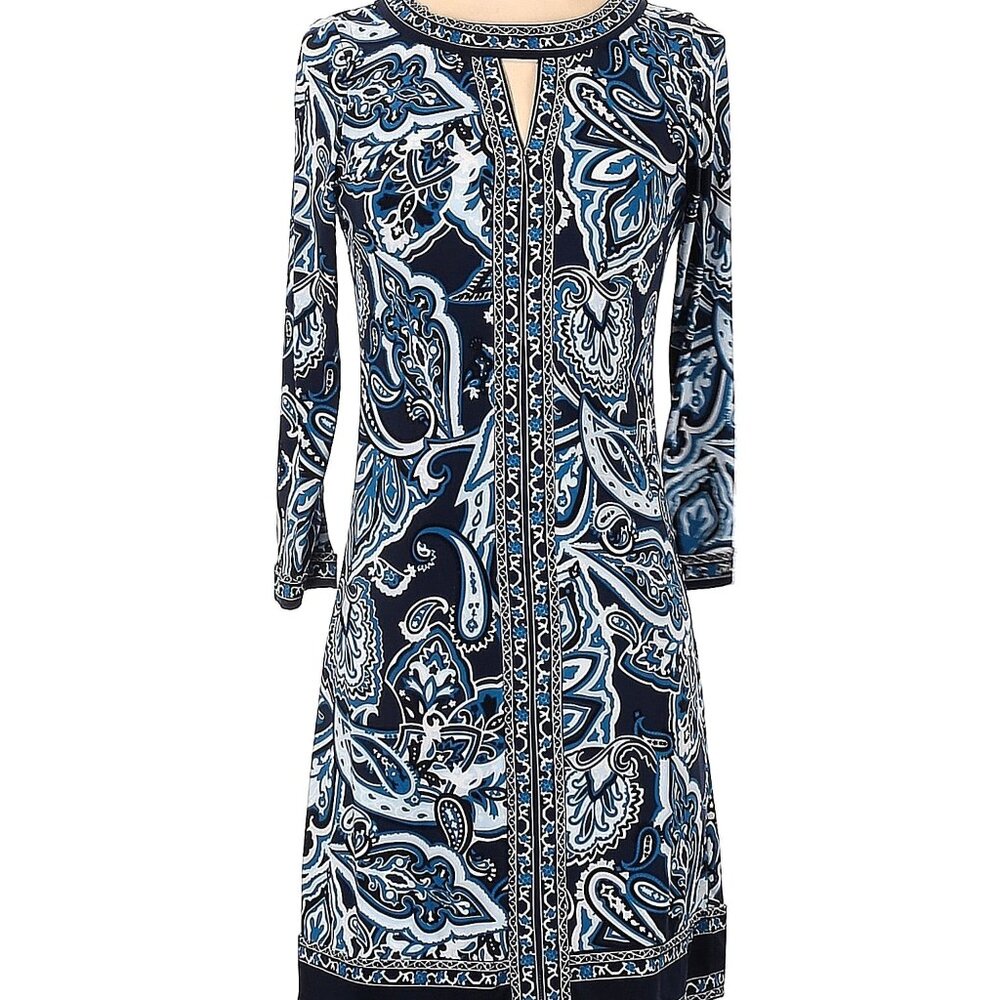 INC International Concepts Dress, Navy/White Baroque Print, Boat Neckline, XS